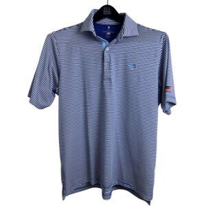 Fairway & Green Men’s Golf Polo Shirt Large Blue White Stripe Flag Sleeve USA
